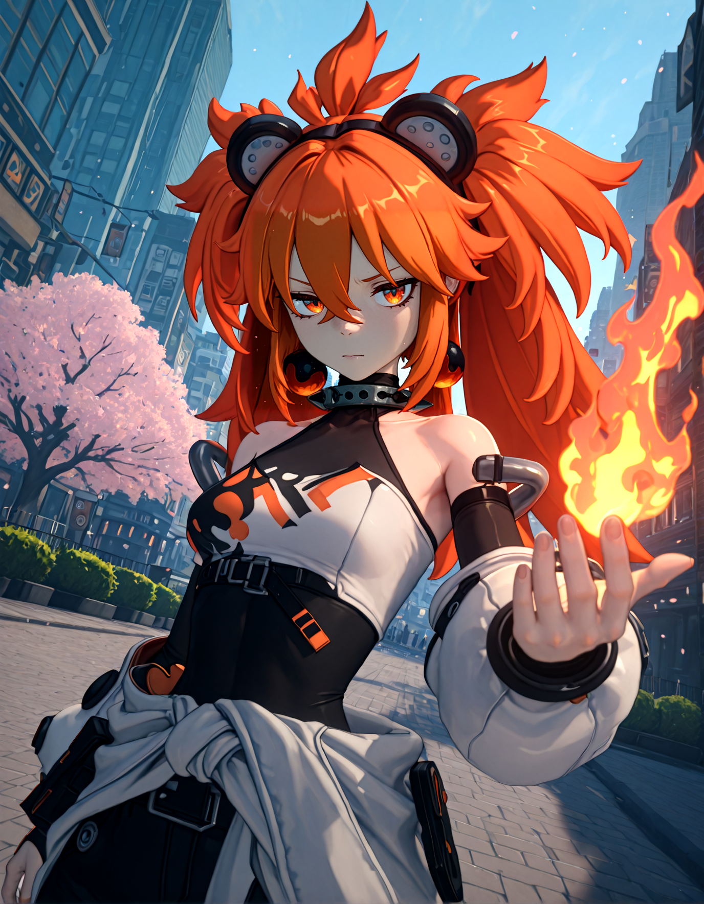 masterpiece,  best quality, newest, highres, absurdres,  <lora:Z_Style:1>,3d,1girl, koleda belobog,upper body,orange eyes, orange hair, ultra detailed,  bush, city,fire,dynamic composition, dutch angle, particles,foreshortening, cherry blossoms,