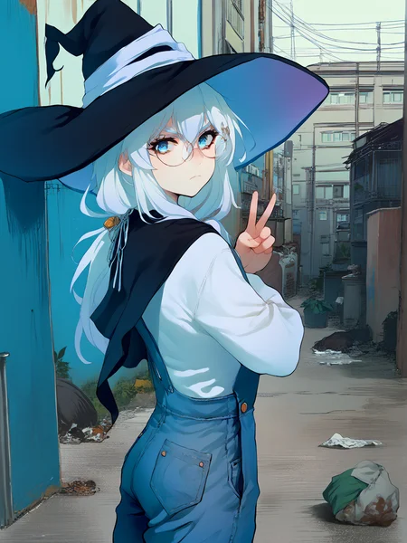 score_9, score_8_up, score_7_up, score_6_up, [score_5_up::0.5], [score_4_up::0.3],
source_anime,
outdoors, skyscraper, trash, garbage,
1girl, solo, full body, from side, looking at viewer,
long hair, white hair, hair between eyes, sidelocks,
blue eyes, glasses, round eyewear, tsurime, thick eyelashes,
serious, closed mouth,
white shirt, black capelet, witch hat,
double v, naked overalls, 
<lora:ntl_pdxl:1> ntl_style,  <lora:ElainaPonyV2:1> elainchar,
 <lora:youForgotToTakeYourPills_v2:1> animeirl,  <lora:Worldly_XL:1>