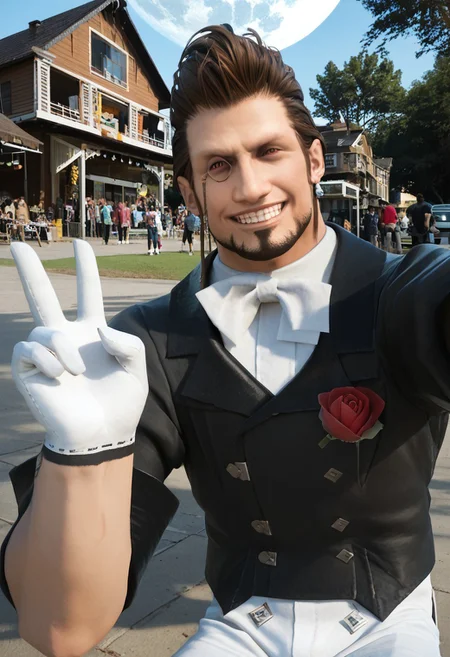 score_9, score_8_up, score_7_up, score_6_up, 4k, perfect quality, male focus, monocle, facial hair, black jacket, white bowtie, rose boutonniere, white gloves, black pants, white socks, black footwear, outside, day, oasis town, busy street, colorful indian festival, aliens in background, confident grin, full moon, amateur, real life photo, selfie, close up, cool, high contrast, silhouette, v fingers, victory fingers, looking at viewer,