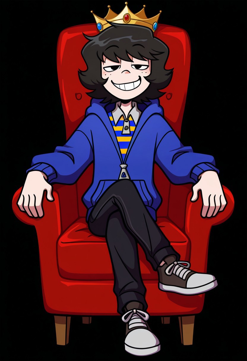masterpiece, best quality, highres, BREAK, mike_owm, 1boy, solo, black hair, short hair, black eyes, freckles, crown, collared shirt, striped shirt, blue jacket, hoodie, black pants, shoes, smug, looking at viewer, grin, sitting, crossed legs, armchair, dark background