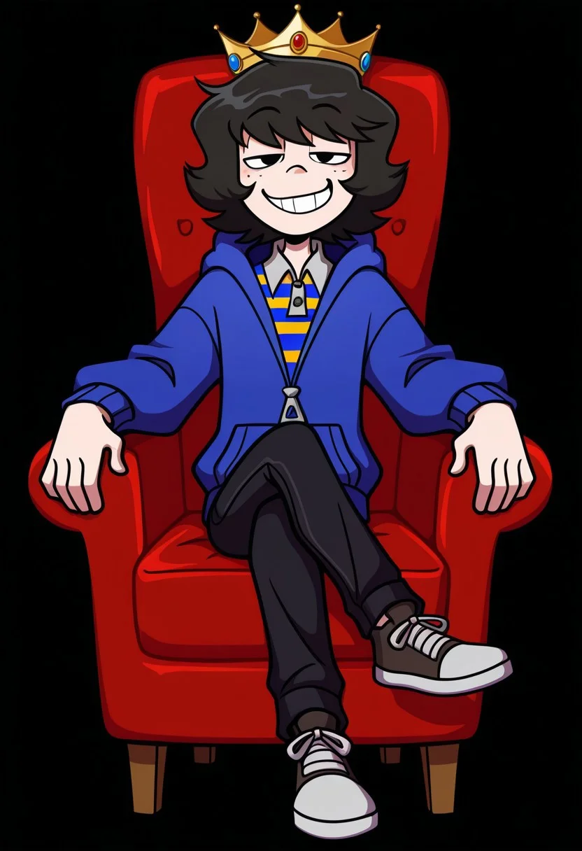 masterpiece, best quality, highres, BREAK, mike_owm, 1boy, solo, black hair, short hair, black eyes, freckles, crown, collared shirt, striped shirt, blue jacket, hoodie, black pants, shoes, smug, looking at viewer, grin, sitting, crossed legs, armchair, dark background