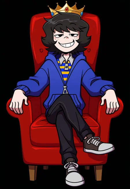 masterpiece, best quality, highres, BREAK, mike_owm, 1boy, solo, black hair, short hair, black eyes, freckles, crown, collared shirt, striped shirt, blue jacket, hoodie, black pants, shoes, smug, looking at viewer, grin, sitting, crossed legs, armchair, dark background