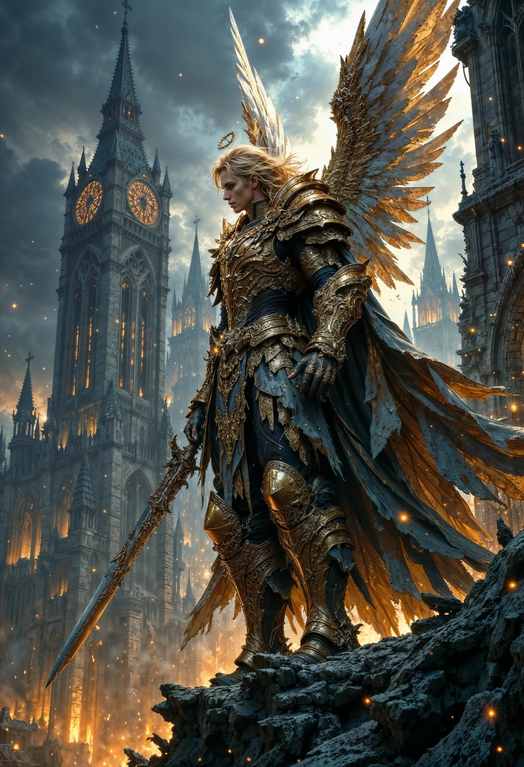A majestic angelic warrior standing on rocky terrain. The figure is clad in ornate, golden armor with intricate detailing, exuding a sense of power and divinity. Large, feathered wings extend from the back, shimmering with hues of gold and white. The angel has long, flowing blonde hair and a serene expression, with fair skin that glows in the ambient light. A halo hovers above the head, adding to the celestial theme. In the background, a towering gothic cathedral with spires and a large clock face is visible, set against a dramatic, cloudy sky. The scene is illuminated by a warm, fiery glow, with embers floating in the air, enhancing the epic and otherworldly atmosphere.
<lora:FluxMythP0rtr4itStyle:0.6> <lora:Midjourney_Dreamlike_Fantasy_FLUX_LoRA:0.6> <lora:Elden_Ring_-_Yoshitaka_Amano:0.33>