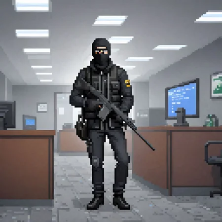 a bank robber holding a rifle, in the middle of a federal bank during a heist, black suit, balaclava, duffel bag, fnfalrfl, pixel art