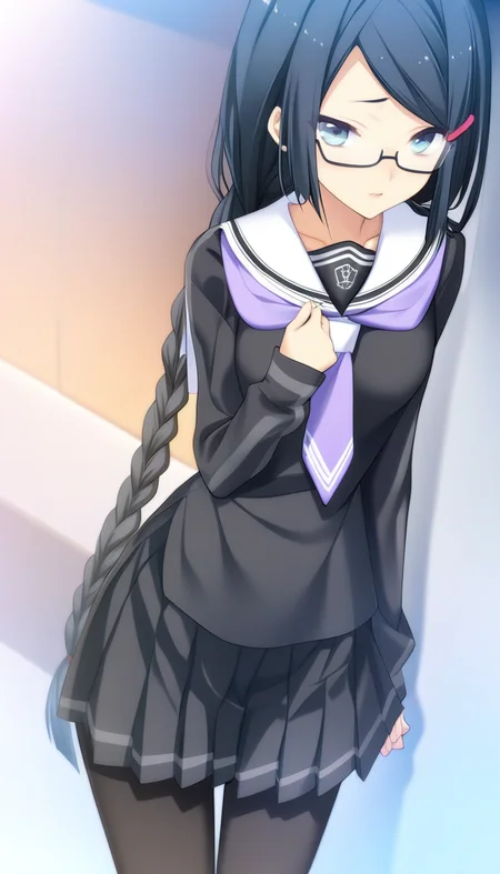 1girl,Himuraki Mizuha,school uniform,black pantyhose,pleated skirt,gray lines on the sleeves,gray lines on the skirt,purple tie is decorated with two white stripes,semi-rimless eyewear,long braid,peach hairclip,masterpiece,best quality,game cg,blush,(detailed beautiful eyes:1.2),(beautiful face:1.2),<lora:HimurakiMizuhaXLK:1>,