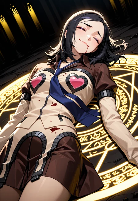masterpiece, best quality, amazing quality, very aesthetic, absurdres, newest, scenery, <lora:illustrious_noobai_epsilon_pred_1_best_quality_v1:1> ,
1girl, <lora:zs_MayaILLU:1> m4yap2, medium hair, black hair, purple eyes, lipstick, jacket, hearts, blue necktie, skirt, 
solo, on back, blood on clothes, cowboy shot, dutch angle, 
sad, smile, closed eyes, low frown eyebrows, blood on mouth, closed mouth, 
<lora:MagicWeapons:0.8> glowing yellow magic circle, yellow pillars, black backgrounds, extremely detailed, <lora:IL cfg scale boost:0.7>,