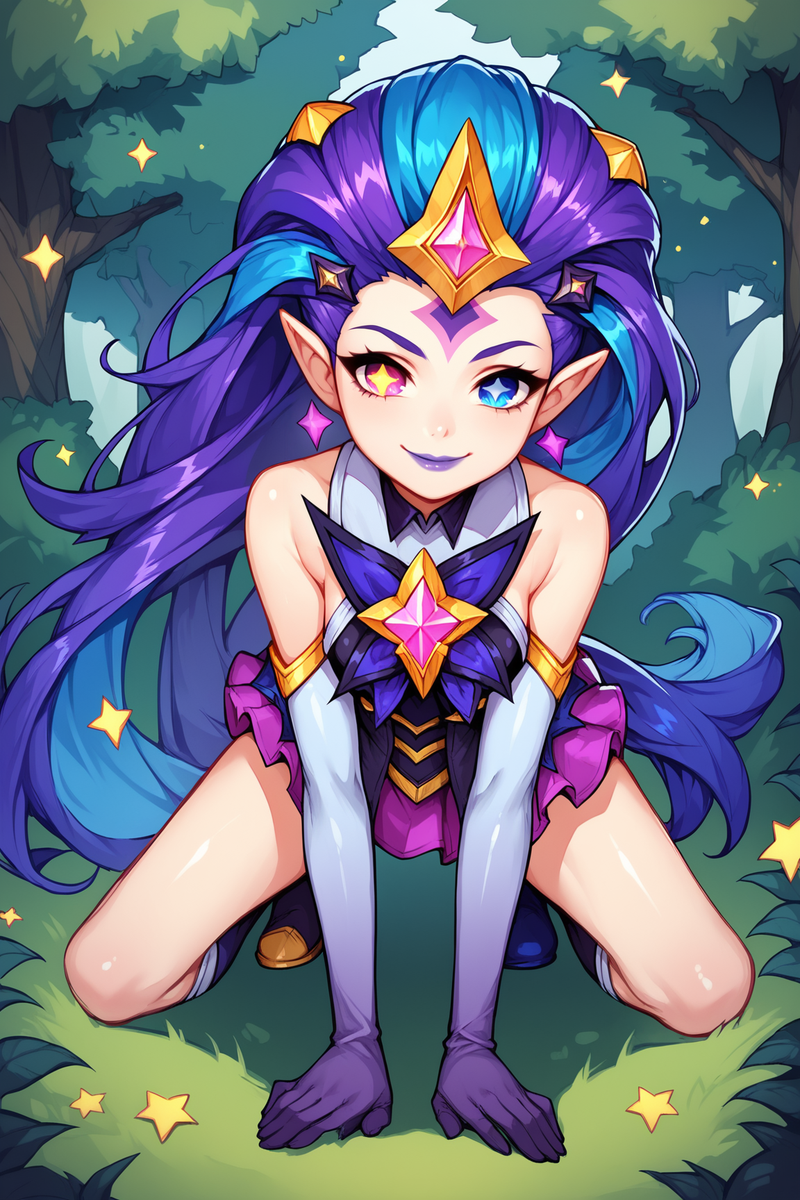 score_9, score_8_up, score_7_up, score_6_up, score_5_up, score_4_up, BREAK, ZoeSGXL, star guardian (league of legends), purple lips, purple eyes, (blue eye), heterochromia, star-shaped pupils, purple hair, blue hair, multicolored hair, long hair, gold star forehead, hair ornament, pointy ears, small breasts, bare shoulders, star (symbol), purple dress, purple elbow gloves, pink skirt, blue short, white single thighhigh, black thighhigh, solo, all fours, seductive smile, looking at viewer, forest, tree <lora:ZoeSGXL:0.8>