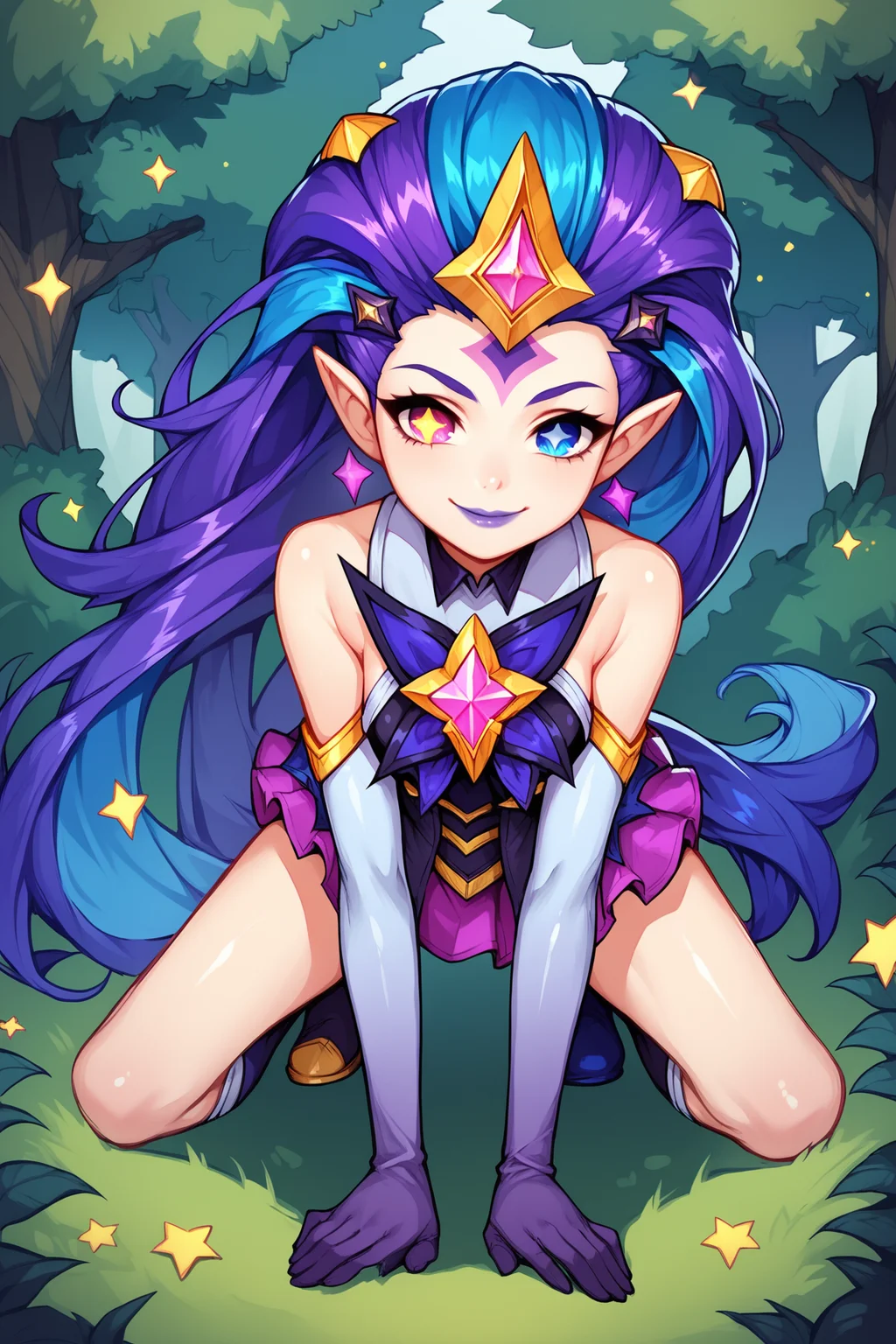 score_9, score_8_up, score_7_up, score_6_up, score_5_up, score_4_up, BREAK, ZoeSGXL, star guardian (league of legends), purple lips, purple eyes, (blue eye), heterochromia, star-shaped pupils, purple hair, blue hair, multicolored hair, long hair, gold star forehead, hair ornament, pointy ears, small breasts, bare shoulders, star (symbol), purple dress, purple elbow gloves, pink skirt, blue short, white single thighhigh, black thighhigh, solo, all fours, seductive smile, looking at viewer, forest, tree <lora:ZoeSGXL:0.8>