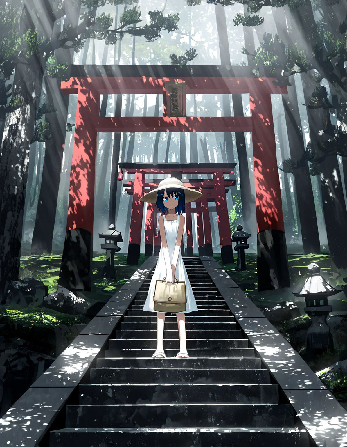1girl, torii, solo, dress, white dress, scenery, stairs, nature, sundress, forest, holding, blue hair, outdoors, tree, short hair, wide shot, standing, stone lantern, sandals, looking at viewer, hat, sunlight, black hair, shrine, multiple torii, blue eyes, lantern, bag, v arms, holding bag, asteroid_ill <lora:asteroid_ill:0.6>