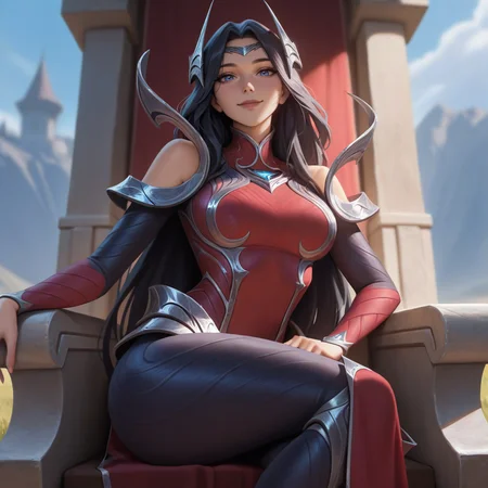 masterpiece, best quality, newest, absurdres, highres,ireliadefault, 1girl,red dress, silver armored dress, silver diadem, silver hair ornament, bare shoulders, detached sleeves, black hair, long hair, blue eyes, sitting, looking at viewer, smile, <lora:Irelia:1>