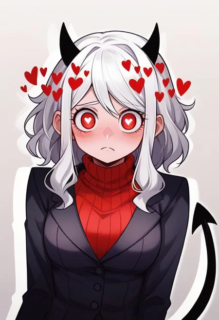 <lora:flattening-ponyxl-v1:1.3>, ,, Modeus_(Helltaker),horns, heart, demon girl, demon horns, heart-shaped pupils, symbol-shaped pupils, black horns, medium hair,demon tail, sweater, red sweater, tail, ribbed sweater, long sleeves, turtleneck, black jacket, formal, suit,, Anime eyes, anime face,<lora:add-detail-xl:0.7> <lora:xl_more_art-full_v1:0.1>