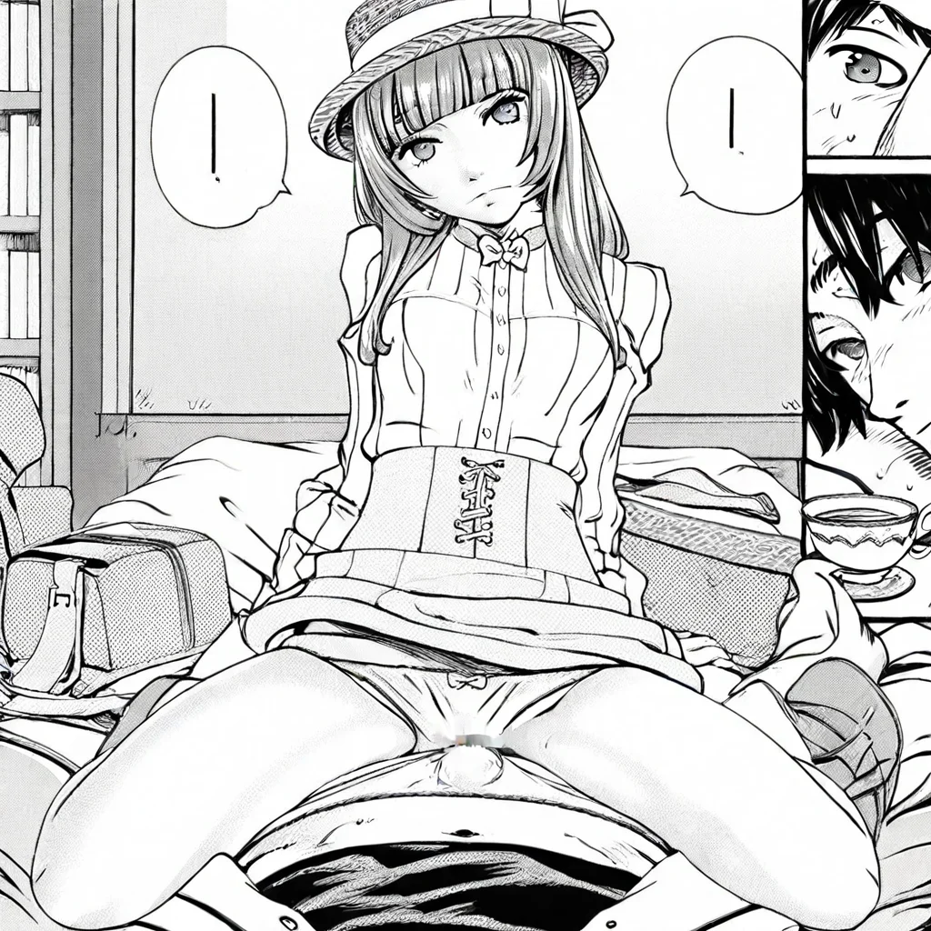 closed mouth, sitting, teacup, 2boys, bookshelf, panties, looking at viewer, high-waist skirt, head tilt, mosaic censoring, boy on top, boater hat, comic, bag, blunt bangs, deep penetration, bed