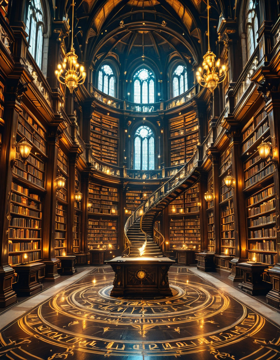 grand enchanted library filled with towering wooden bookshelves that stretch endlessly into the distance, packed with ancient, leather-bound books glowing with mystical runes. The atmosphere is illuminated by floating candles and ethereal blue and golden lights that hover in the air, casting a warm, magical glow. A spiral staircase made of dark oak winds upward, disappearing into the shadows of the high-vaulted ceiling adorned with intricate celestial carvings. Wisps of enchanted mist swirl around the floor, while some books levitate gently from shelf to shelf, as if guided by an unseen force. The air shimmers with dust particles suspended in soft, golden light filtering through stained glass windows, depicting mythical creatures and arcane symbols. The scene is rich in deep, warm tones of mahogany, gold, and sapphire, evoking a sense of wonder, mystery, and timeless knowledge. The image is highly detailed and photorealistic, capturing the textures of the aged books, the glow of magical elements, and the enchanting stillness of this mystical sanctuary of wisdom.
<lora:SDXLFaeTastic2400:0.4> <lora:extremely_detailed:0.4> extremely detailed,<lora:3nch4nt3d_l1br4ry-ill:1>,3nch4nt3d l1br4ry, Masterpiece,best quality,hi res,8k,hi res,8k,award winning,(sharp focus, intricate, highly detailed),