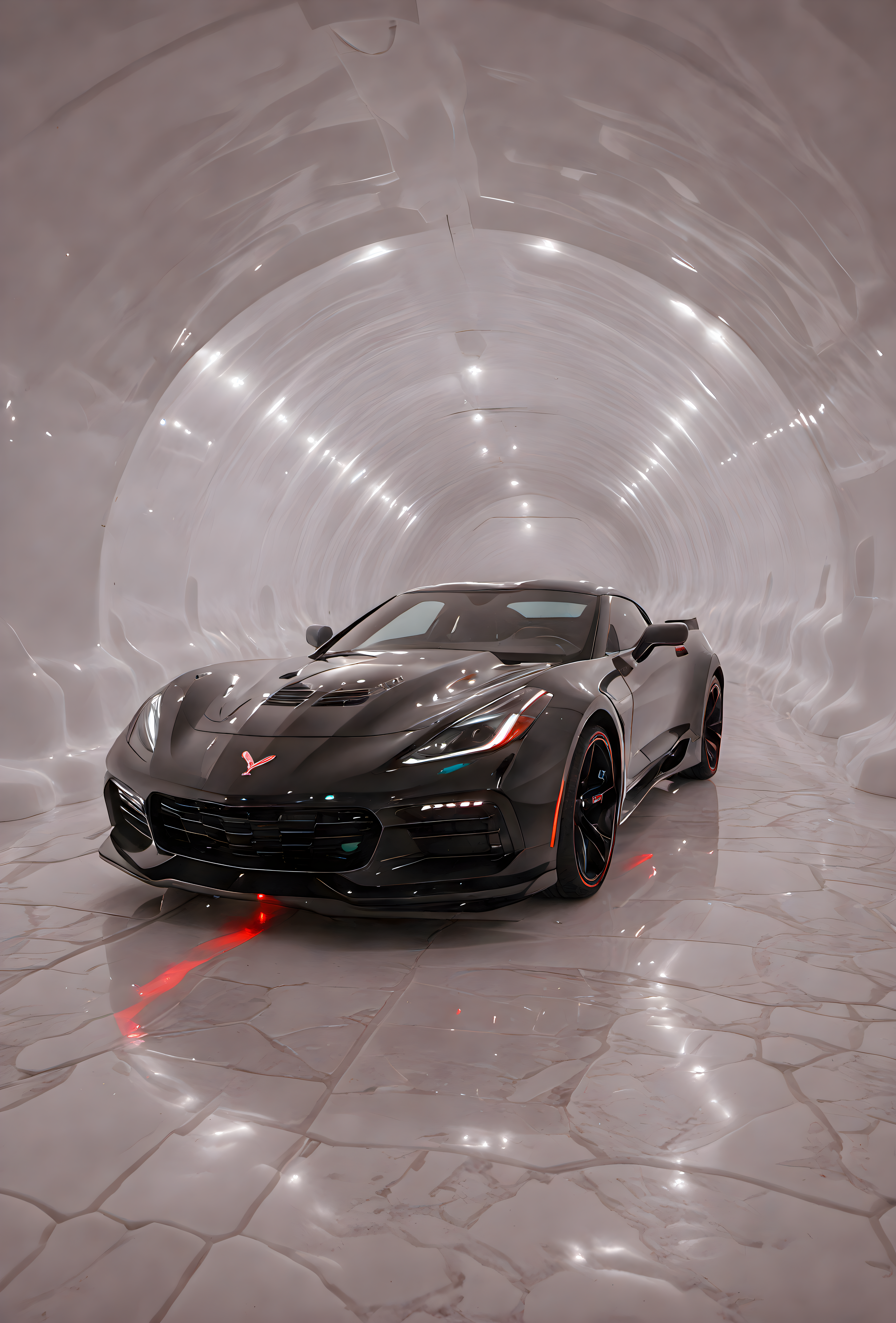 breathtaking (Futuristic-Black-corvette),
in a white-tunnel,
bright neon lights in the tunnel,
multicolored lights.
vivid colors, vivid contrast, bold colors, 
white paved road . award-winning, professional, highly detailed