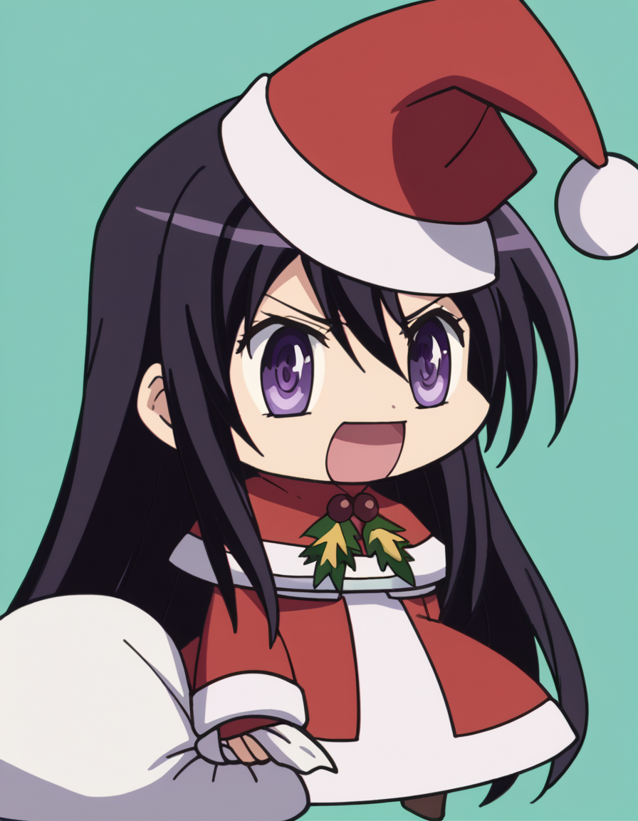 score_9, score_8_up, score_7_up, source_anime, <lora:kyouko-sonan-s1-ponyxl-lora-nochekaiser:1>, kyouko sonan, long hair, black hair, purple eyes, hair between eyes, sidelocks, anime screencap,, <lora:padoru-ponyxl-lora-nochekaiser:1>, padoru, padoru (meme), holding sack, sack, santa hat, meme, christmas, open mouth, chibi, red capelet, santa dress, capelet, fur-trimmed headwear,, , dutch angle, cowboy shot