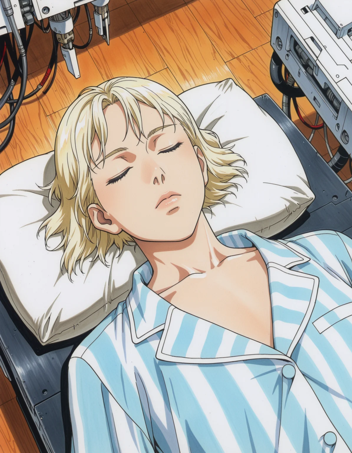 traditional media, highres, masterpiece, very aesthetic,8k, high res, best quality, 1girl, cable, blonde hair, closed eyes, solo, lying, short hair, on back, sleeping, science fiction, machinery, robot, pillow, striped shirt, shirt, collarbone, indoors, lips, striped clothes, cyborg, wooden floor, 1other, pajamas, cyberbrain,  <lora:GITS 1995 Lycoris Illustrious 0.1:0.8>