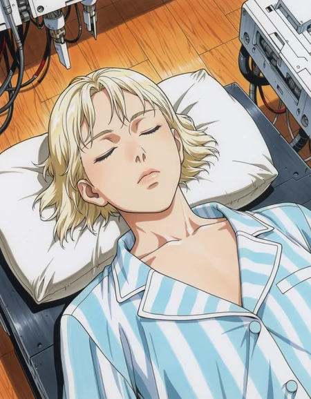 traditional media, highres, masterpiece, very aesthetic,8k, high res, best quality, 1girl, cable, blonde hair, closed eyes, solo, lying, short hair, on back, sleeping, science fiction, machinery, robot, pillow, striped shirt, shirt, collarbone, indoors, lips, striped clothes, cyborg, wooden floor, 1other, pajamas, cyberbrain,  <lora:GITS 1995 Lycoris Illustrious 0.1:0.8>
