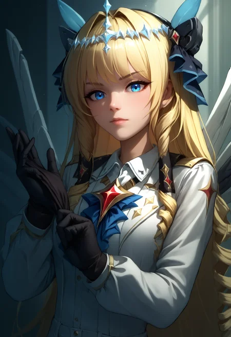score_9, score_8_up, score_7_up, detailed, <lora:AdjustingGloves_XLPD:1>, adjusting clothes, adjusting gloves, <lora:crown-nikke-richy-v1_pdxl:0.8> nikkecrwn, blonde hair, long hair, drill hair, tiara, hair ornament, headgear, blue eyes, white jacket, white shirt, brooch, center frills, high-waist shorts, black gloves, wings, upper body, looking at viewer,