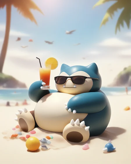 Snorlax at beach, sunglasses, holding cocktails.
<lora:snorlax_v0_2:0.8>