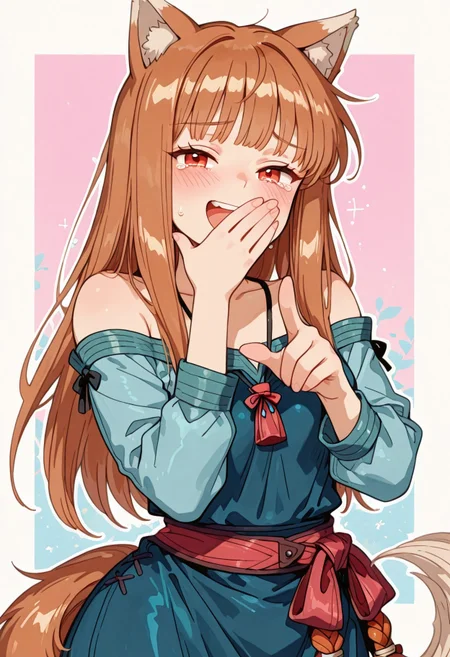 1girl, solo, looking at viewer,
holo \(spice and wolf\),
hand over own mouth, covering own mouth, laugh,
cry laughing, pointing towards viewer,
bare-shoulder,
standing,

pink, white, blue,
painted_background,

Kenorland, kenorland, artist:moriimee, 748cmstyle, Bl3th3bn3_Styl3_SKNSFW,