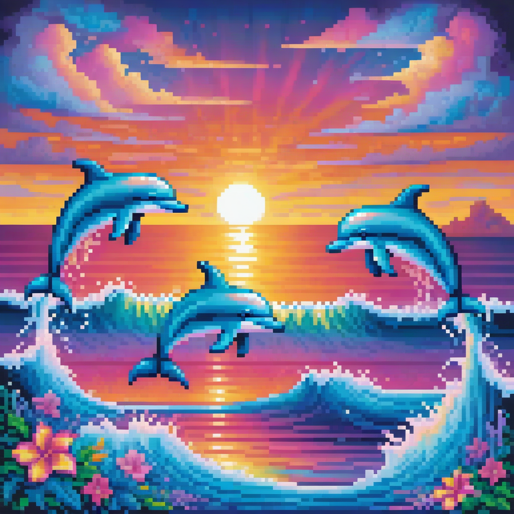 score_9, score_8_up, score_7_up, score_6,
detailed pixel art:1.1 lisa frank influenced iridescent sunset with dolphins swimming in waters