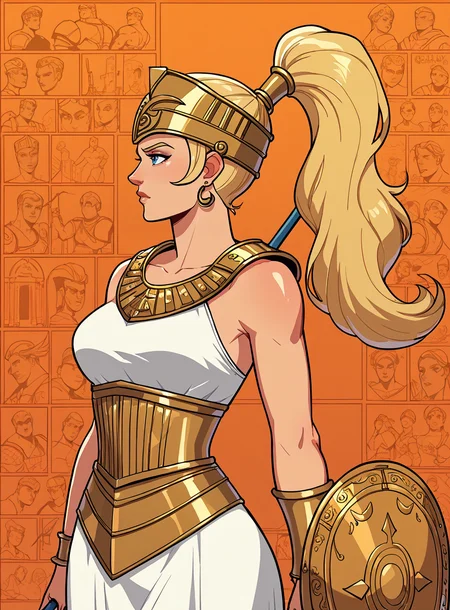 score_9, score_8_up, score_7_up, Athena, Corinthian helmet, gold accents, shield, spear, 1girl, bullypxl, comic wallpaper, <lora:bullypxl:0.8>, orange background, greek goddess, 2d, outline, blonde hair, amazon, white armor, white dress