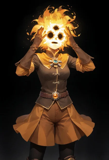 score_9, score_8_up, score_7_up,
lord_of_frenzy, fire head,
novakin, faceless, no eyes, no mouth, no nose, no facial features, short fiery yellow orange hair, body made of black plasma,
open hands, hands on face front,
hands on own head,
shaft head tilt,
magical girl outfit, (steampunk dress:1.1), boots, (brown shorts:1.1), black tights, medium breasts, belt, gloves,
simple background, grey background,