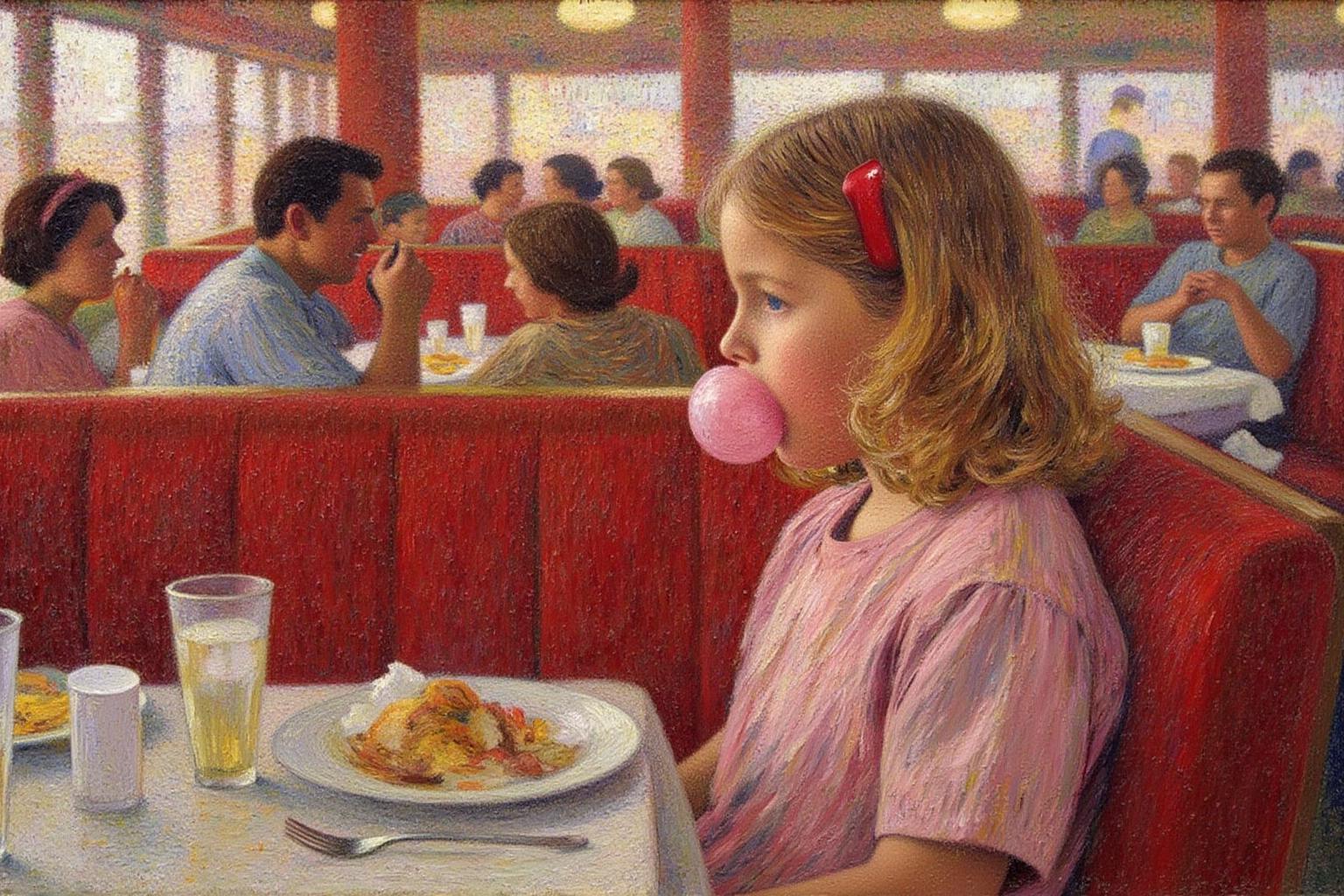 henrimartin1 painting. 
Close up of a young girl who's face is covered in pink bubble gum, sitting on the right in a diner in 1953. She has should length hair held with red banana clip. The diner has red booths and is full of people lauging and eating. <lora:henrimartin1_cap_d8a4e12:1.0><lora:852107708843688560:0>