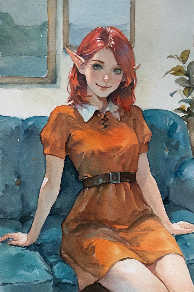 masterpiece, best quality, highres, newest, traditional media, realistic, watercolor \(medium\), elf, pointy ears, red hair, medium hair, green eyes, orange dress, collared dress, medium dress, short sleeves, smile, 1girl, solo, looking at viewer, cowboy shot, sitting, on couch, blue couch, indoors, living room <lora:Blue Water [LoRA] - NoobAI-XL EPS 1.0:0.8>