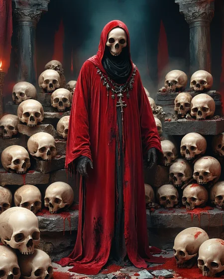 hooded faceless sorcerer standing near a pile of skulls, evil temple, dais, volumetric lighting, velvet robe, intense color, pile of skulls, blood, <lora:add-detail-xl:1.0>, <lora:xl_more_art-full_v1:0.4>, <lora:XSfenlie:1> fenliexl, <lora:lora:1>, realistic photo
