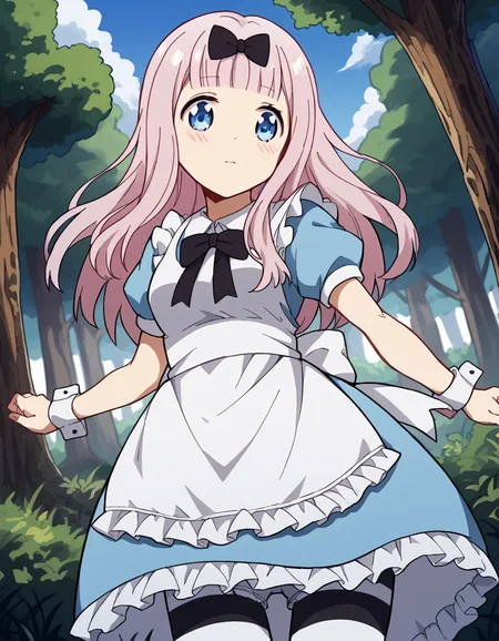 score_9, score_8_up, score_7_up, source_anime, chikafujiwara, <lora:chika-fujiwara-s3-ponyxl-lora-nochekaiser:1>, chika fujiwara, long hair, bangs, blue eyes, bow, pink hair, hair bow, blunt bangs, black bow,, <lora:alice-cosplay-ponyxl-lora-nochekaiser:1>, alicecosplay alice \(alice in wonderland\) \(cosplay\), apron, black pantyhose, bloomers, blue dress, bow, dress, frilled apron, frilled dress, frills, puffy short sleeves, puffy sleeves, striped clothes, striped pantyhose, white apron, white bloomers, white pantyhose, wrist cuffs,, landscape, forest, blush,, cowboy shot, dutch angle, solo,