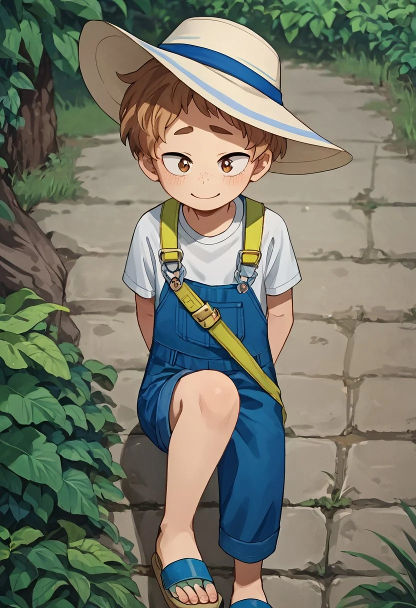 score_9, score_8_up, score_7_up, source_anime, highly detailed, cute boy, 1boy, solo, young, katsuma, sun hat, curly hair, light brown hair, brown eyes, white t-shirt, knee length overalls, hands behind back, shy smile, sandals, looking at viewer, avoiding eye contact, looking down