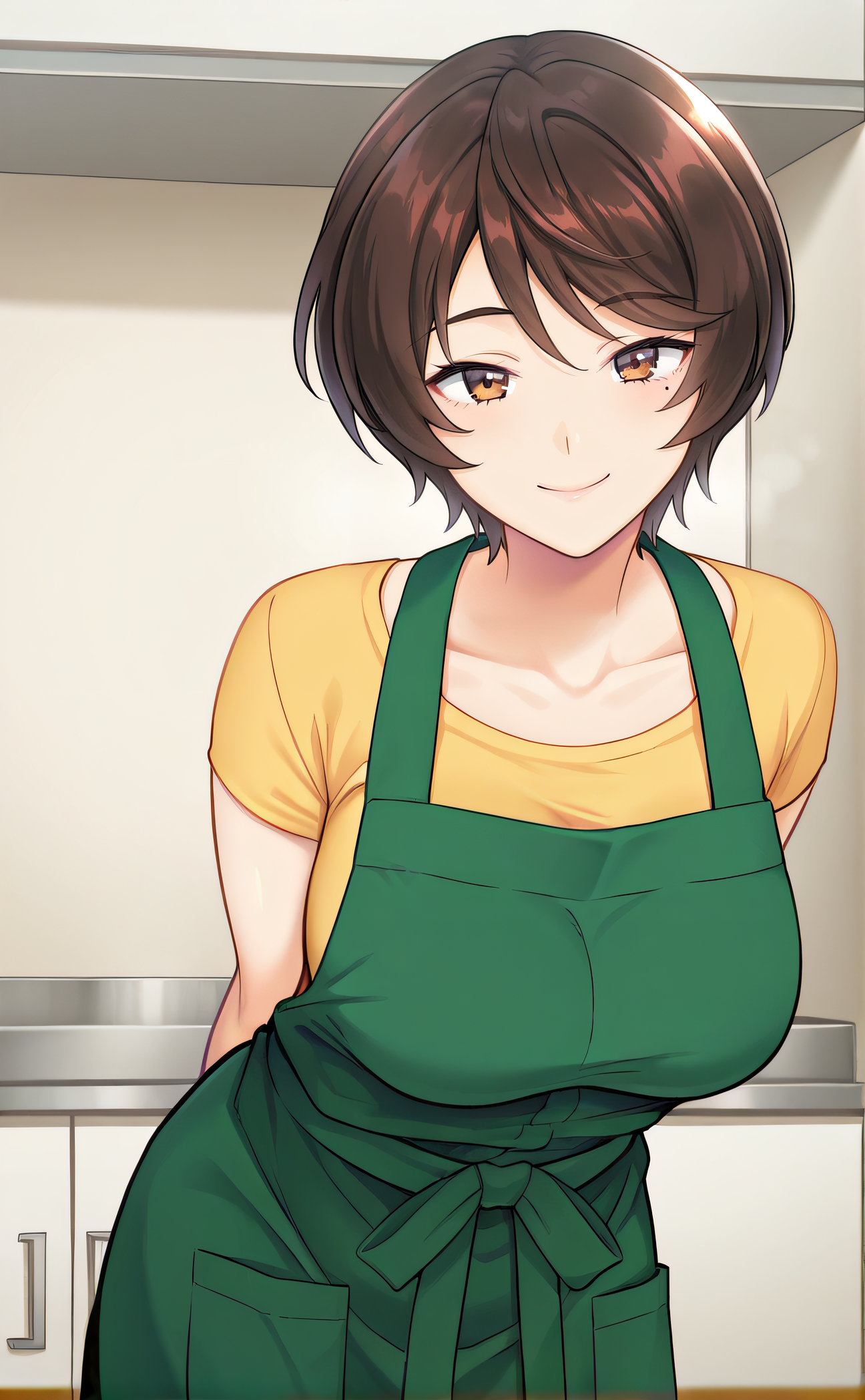 masterpiece, best quality, highres, newest, 1girl, solo, official style, <lora:Iwase_Kaori:1>, iwasekaori, brown hair, short hair, mole under eye, brown eyes, yellow shirt, short sleeves, green apron, looking at viewer, smile, indoor, cowboy shot, arms behind back