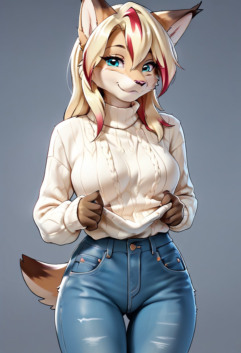 digital_media_(artwork) hi_res, zPDXL2, score_9, score_8_up, score_7_up, score_6_up, score_5_up, score_4_up, rating_safe, beautiful, anthro, furry, female, detailed textured fur, fur tufts, fluffy, slim, slender, cute, sweater, baggy denim jeans, beautiful blue eyes, detailed eyes, smile, solo, SFW, lynx, long blonde hair, multicolored hair, streaked hair, absurdres, highres,