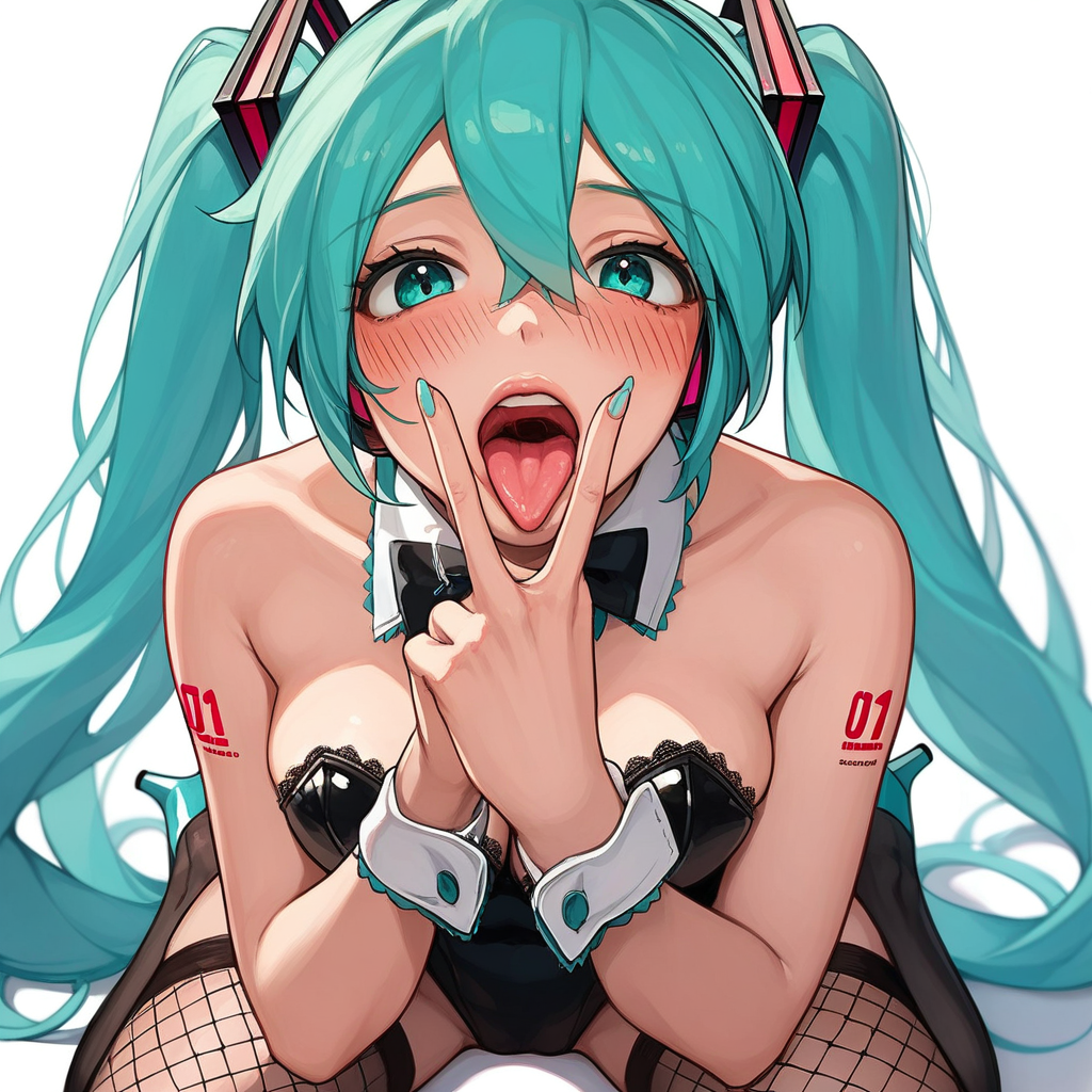 score_9, score_8_up, score_8, (source_anime), BREAK, (hatsune Miku:1.2), blush, perfect face, 1woman, 22 years old, squatting, streaked hair, bunnysuit, playboy_bunny, leotard, thighhighs, fishnets, highheels, deatached_cuffs, cleavage, cunnilingus_gesture, BREAK, breasts covered, lace bra, 1woman, v_over_mouth, blush, detailed eyes, lips, smile, upper body, breasts, (cunnilingus_gesture:1.4), tongue out, (perfect hand), (focus on face), tongue out, close up