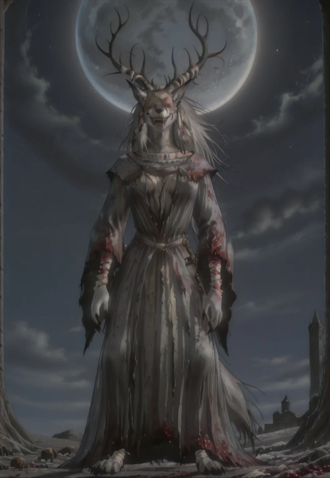 1girl, blood borne Vicar Amelia, a massive beast woman, ash grey and white fur, tattered white church garb, twisted antlers, claws, digitigrade, worn out body bandages, long furry ears, sharp teeth
kftenhance,, casting magic, wind magic, floating hair, floating robe, windy, action, upper body, night, sky, moon, particle effects masterpiece, best quality, absurdres, retro artstyle, 1990s (style), rolstyle,,,tes4oblivion,3d
