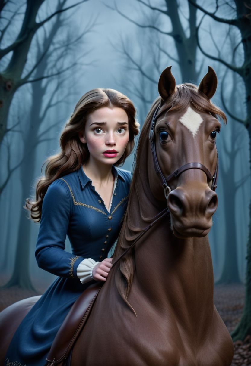 Raw photo, original style, very detailed face features,  Belle, riding horse, in dark forest