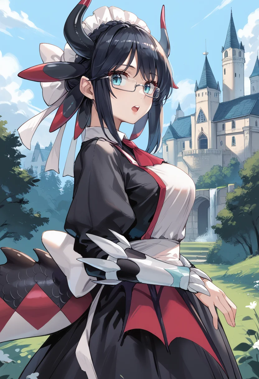 (score_9:0.9),score_8_up,score_7_up,rating_safe,anime style,(zPDXL),<lora:House Dragonmaid ponyXL v1:0.76>,house dragonmaid,1girl,solo,glasses,open mouth,maid dress,maid headdress,grey background,mob cap,castle,large breasts,silver fingerless gloves,from side,looking to the side,low dragon wings,looking at viewer,