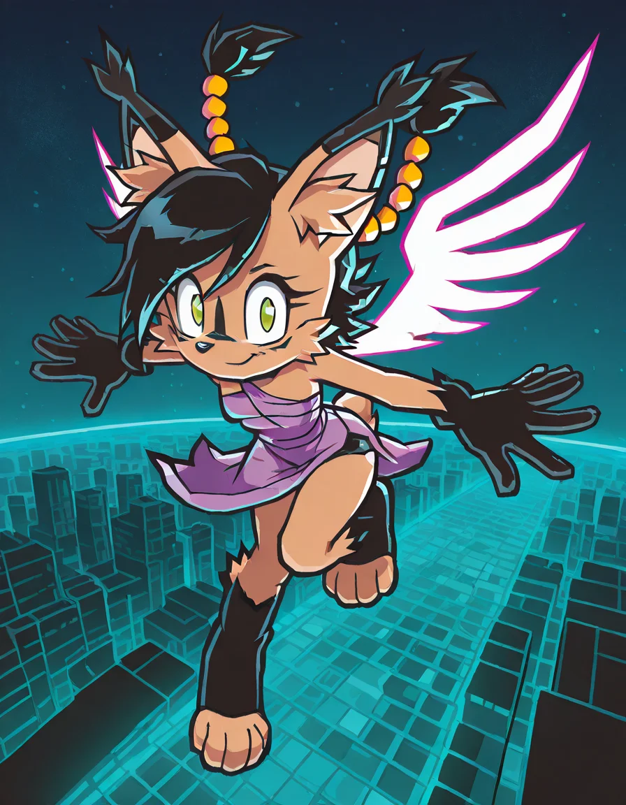 masterpiece, best quality, newest, absurdres, highres, sbstyle, sonic \(series\), cel shading, flat color, solo, nicole the lynx, green eyes, hair beads, small breasts, 4 toes, single-shoulder dress, neon wings, flying, dynamic pose, smile, cyberspace, looking at viewer
