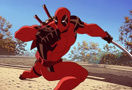 score_9, score_8_up, score_7_up,1 male,animated superhero styleflat colors,thick outlines,western cartoon, holding katanas
, masterpiece, beautiful,solo, 1male, Ultideadpool,, red-and-black tactical suit, skintight, black padding on shoulders,black gloves,muscular build, red mask, black and white eye patches on mask, battle pose, outdoor, mid air, jum, katanass son hands, action pose dynamic pose