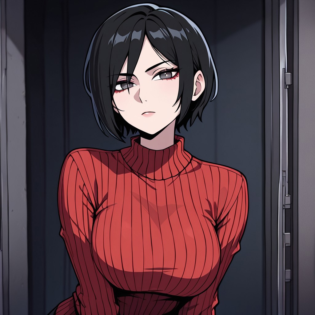 masterpiece, best quality, newest, absurdres, highres, 
INFMixV1.0,
1girl, Ada_wong, \(resident evil\), asian, asian female, short hair, black hair, sweater, red sweater,
