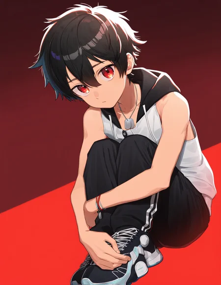 masterpiece, best quality, luye-style, red background, backlighting, full body, dutch angle, 1boy, solo, kabane kusaka, black hair, red eyes, short hair, hair between eyes, looking at viewer, sleeveless hoodie, black pants, dogtags, sitting, hugging own legs <lora:luye-yuan_naXL_v3c-ShoAI:1>