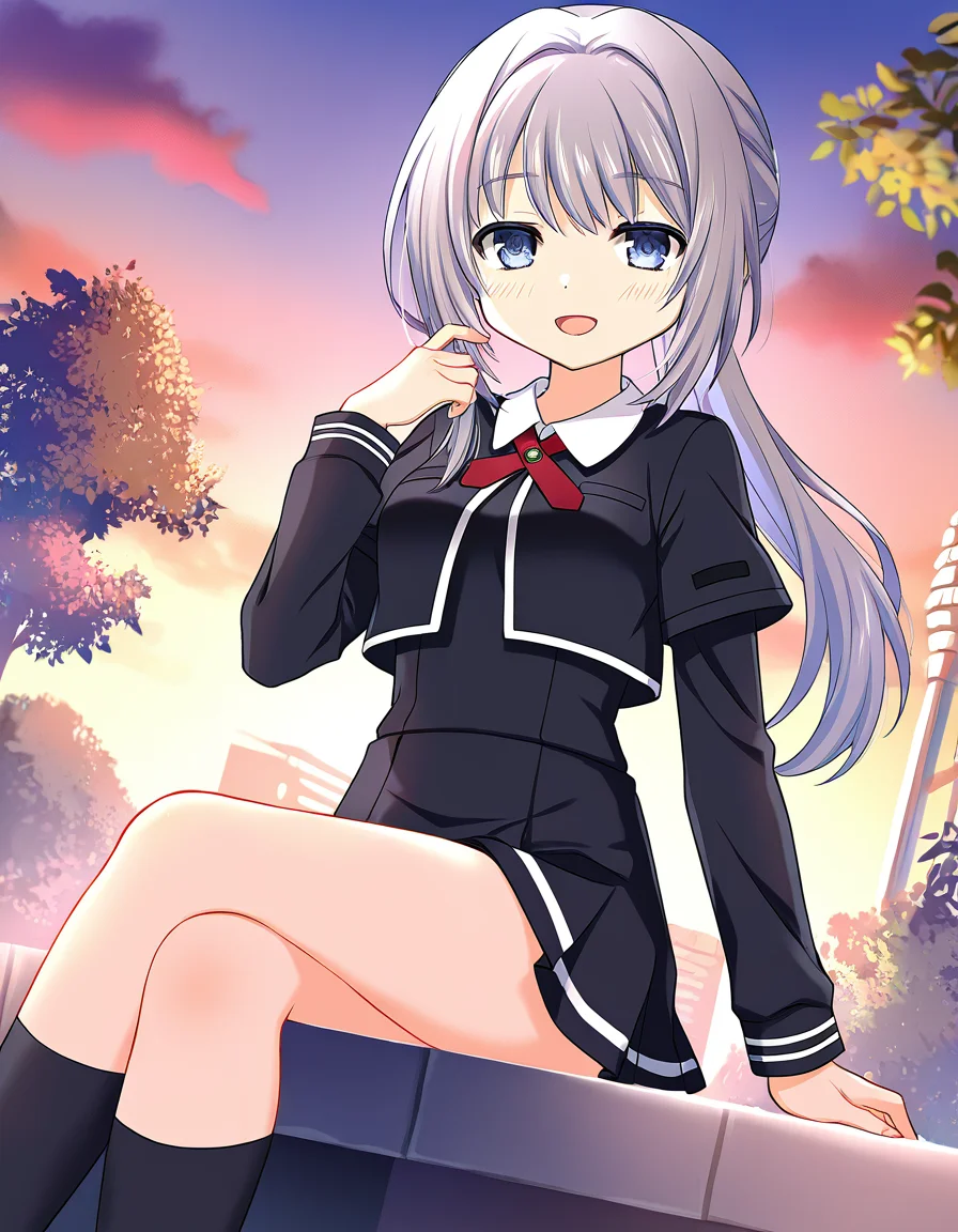 masterpiece, best quality, newest, absurdres, highres, safe, 1girl, yakumo mitama \(school uniform\), magia record: mahou shoujo madoka magica gaiden, solo, sitting, open mouth, outdoors, dutch angle, <lora:yakumo_mitama_noobaiXLNAIXL_vPred10Version:0.7>
