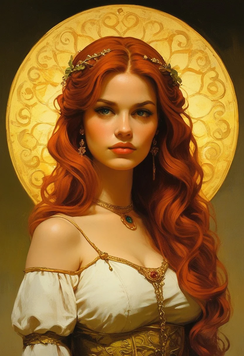1girl, 20 year old, Celtic descent, moderately broad, softly oval-shaped face, forehead is of medium height and fairly broad, natural, slightly arched eyebrows of medium thickness, eyes are large and almond-shaped, with a cool blue color that adds depth and a hint of dreaminess. The wide-set placement of her eyes further enhances the breadth of her face. Slightly puffed upper lids soften her expression, giving her a gentle, approachable look, nose is short and straight, with a subtle curve and a slightly upturned tip, high, softly rounded cheekbones, cheeks are full and rounded, chin is soft and slightly rounded, Her lips are full, with a well-defined Cupid’s bow. The lower lip is slightly more pronounced, slightly wavy red hair,  BREAK  (score_9, score_8_up:1.1), score_7_up, score_6_up, score_5_up, hyperreal,