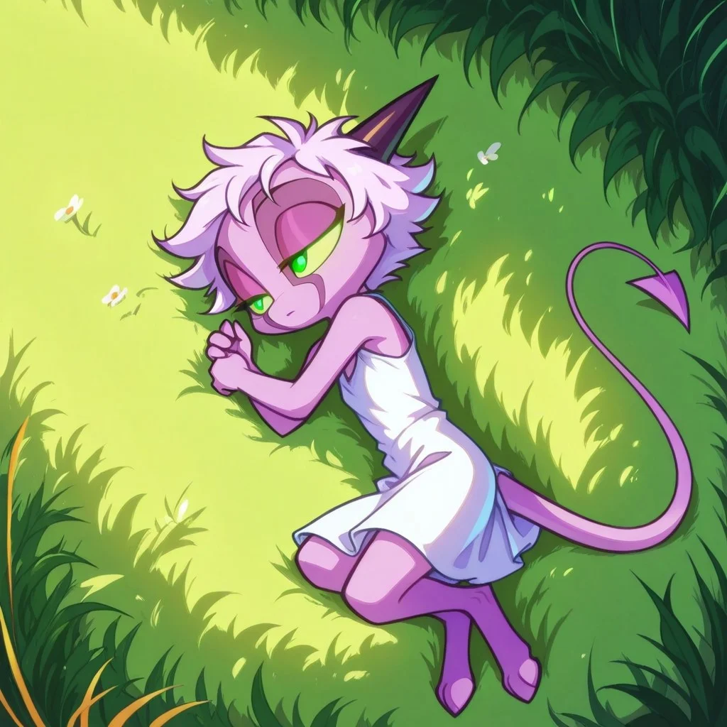Dreamkeepers,1girl,Prelude_Namah,solo,demon tail, green eyes, horns,
masterpiece, child, kid,
grass, laying, sleeping, summer, outside, messy hair, white summer dress,