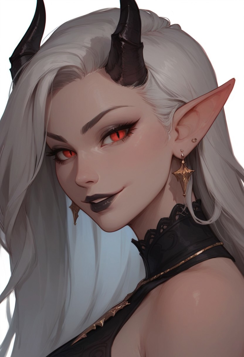 (score_9, score_8_up, score_7_up), Expressiveh, 1girl, black lips, horns, solo, jewelry, pointy ears, long hair, earrings, white background, simple background, white hair, demon horns, black horns, makeup, looking at viewer, smile, upper body, from side, demon girl, lipstick, red eyes, necklace, slit pupils, eyelashes