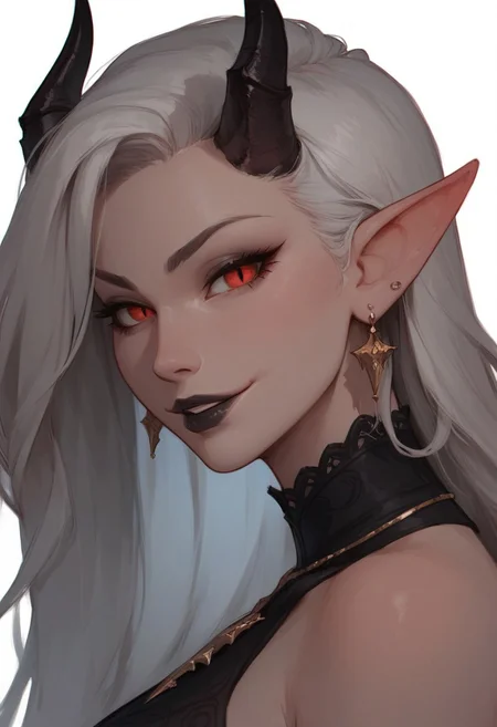 (score_9, score_8_up, score_7_up), Expressiveh, 1girl, black lips, horns, solo, jewelry, pointy ears, long hair, earrings, white background, simple background, white hair, demon horns, black horns, makeup, looking at viewer, smile, upper body, from side, demon girl, lipstick, red eyes, necklace, slit pupils, eyelashes
