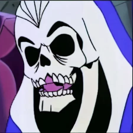 a cartoon character with a skull on his face and a purple hoodie on his head, with a skull in the middle of the image, filmation motu style