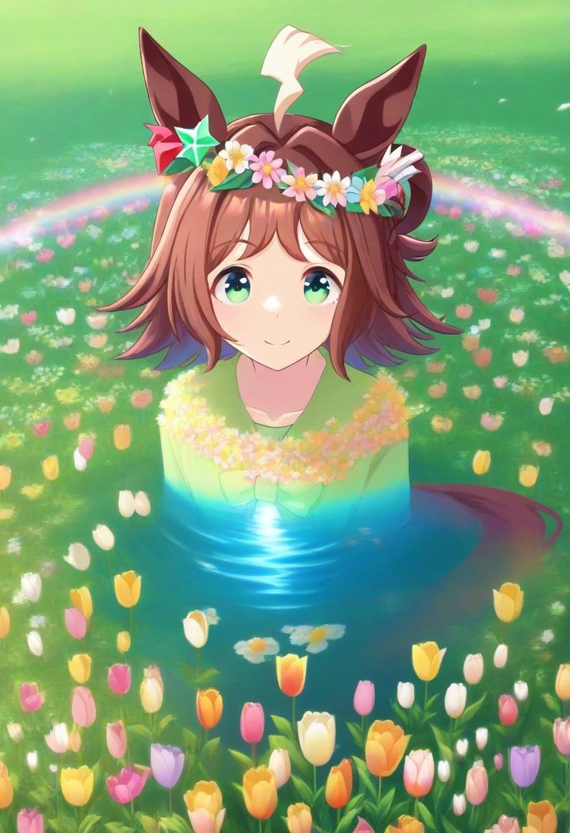 Tulip flower hair_ornament, (umamusume, rhein_kraft_(umamusume), horse_ears, horse_girl, tail, 1girl, ahoge, animal_ears,)
casual, field, flower, flower_field, green_eyes, hair_between_eyes,
head_wreath, looking_at_viewer,  solo, aesthetic, absurdres, symmetric ,spiralling vortex made of multicoloured tulips, lush foliage sunrise,  ripples, reflective, jaynl-tm, rainbow, , g0ldsw0rthy,
(realistic, photo,  artistic, medium_hair, one_eye_closed, petals, relaxing, smile,  : 0.7)