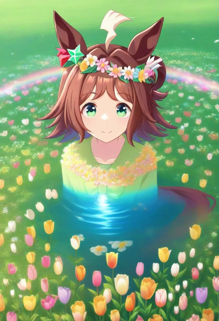 Tulip flower hair_ornament, (umamusume, rhein_kraft_(umamusume), horse_ears, horse_girl, tail, 1girl, ahoge, animal_ears,)
casual, field, flower, flower_field, green_eyes, hair_between_eyes,
head_wreath, looking_at_viewer, solo, aesthetic, absurdres, symmetric ,spiralling vortex made of multicoloured tulips, lush foliage sunrise, ripples, reflective, jaynl-tm, rainbow, , g0ldsw0rthy,
(realistic, photo, artistic, medium_hair, one_eye_closed, petals, relaxing, smile, : 0.7)